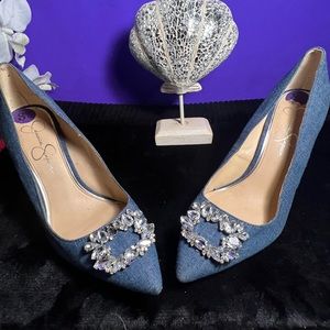Jessica Simpson size 8 1/2 denim heel with rhinestones .